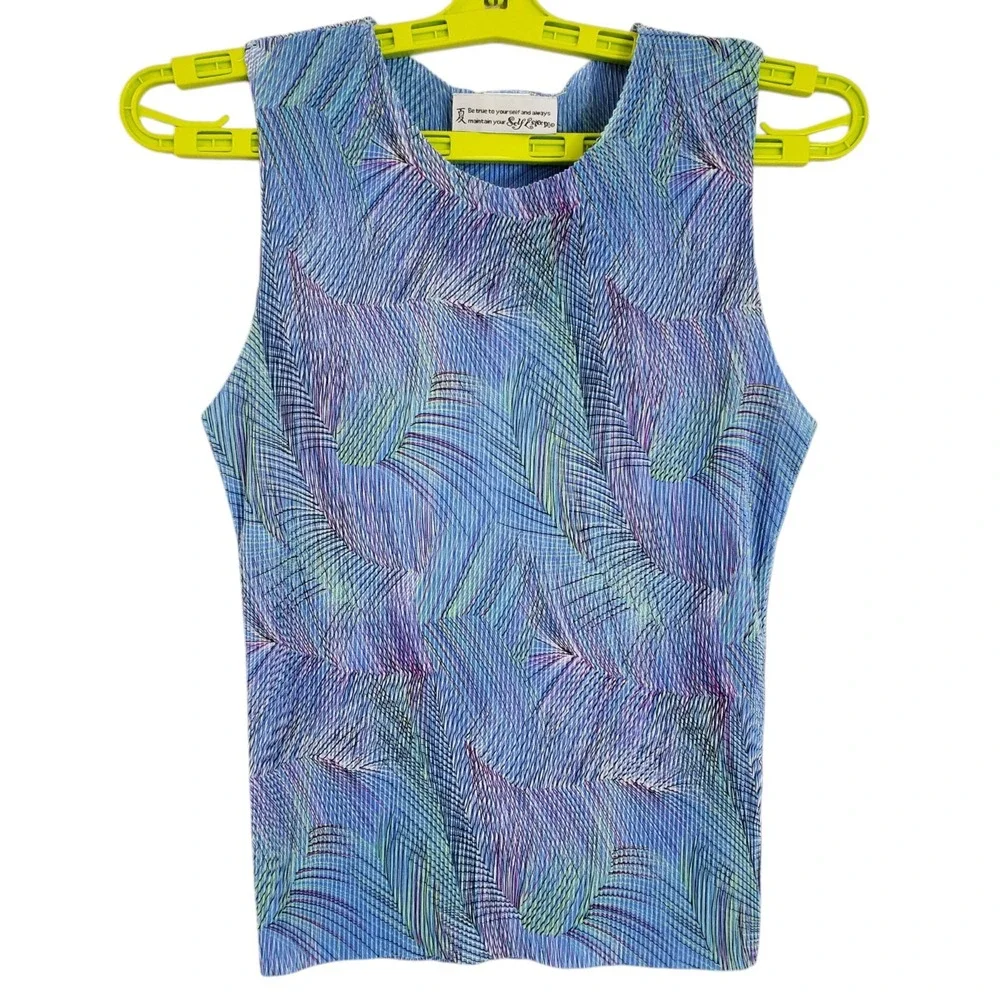Vintage Self Esteem Micro-Pleated Crimped Top 90's Fits Size Small Geometric Blu